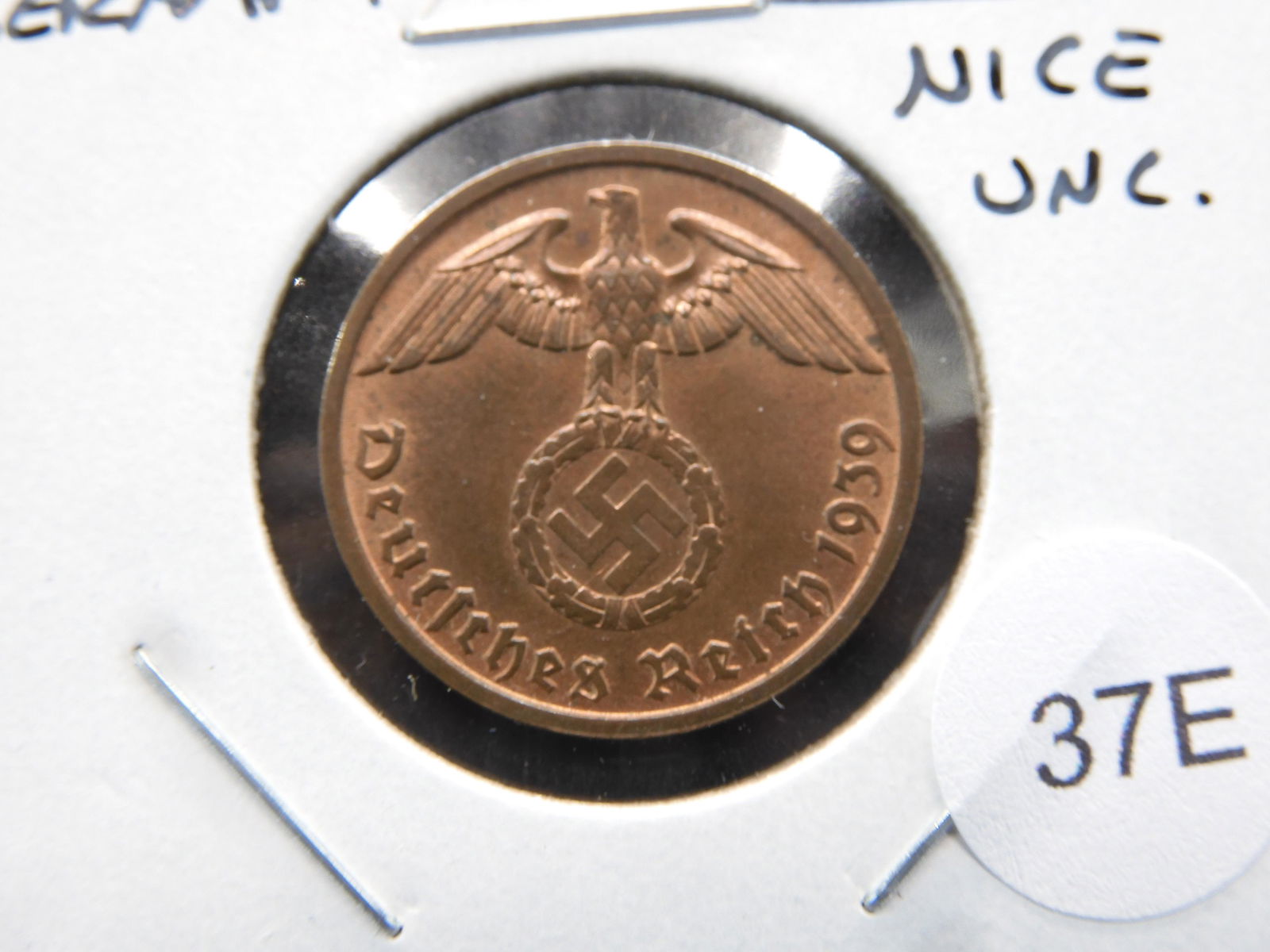 1939-B Germany 2 Pfennig.  Nice UNC.  Scarce. (1 of 3)