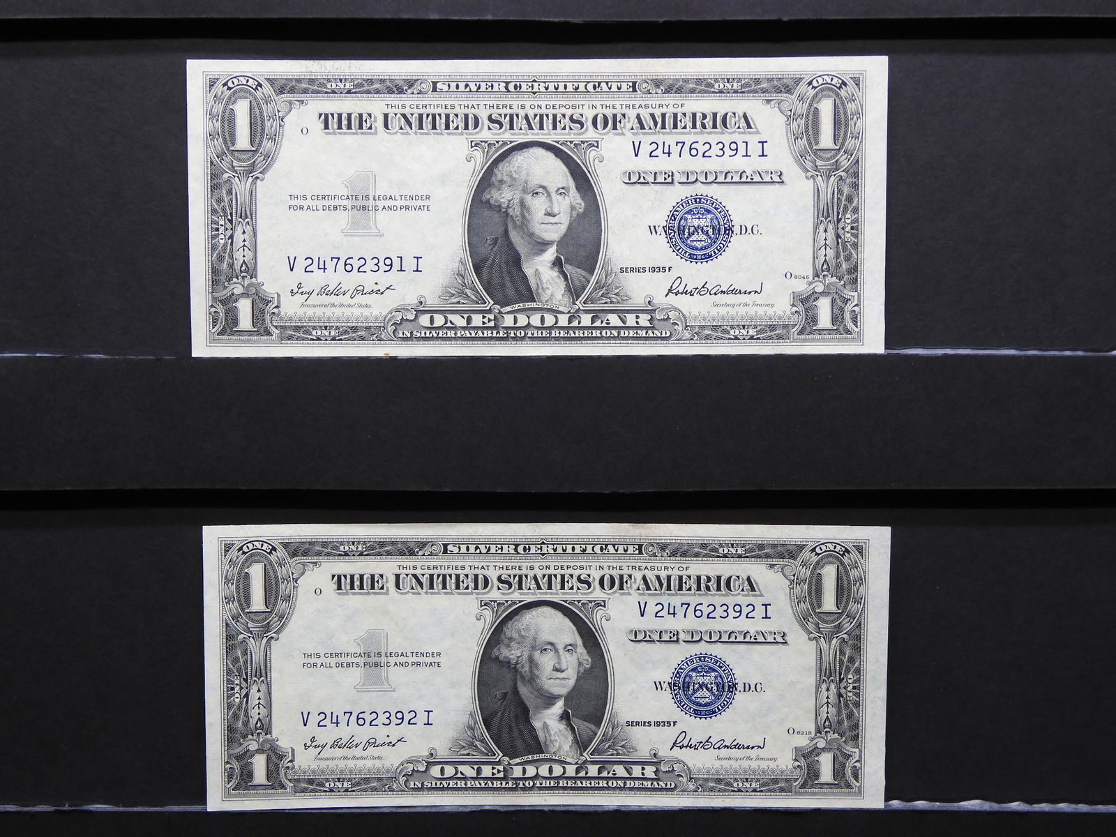 (2) 1935 F $1 Silver Certificate.  Consecutive serial (1 of 6)