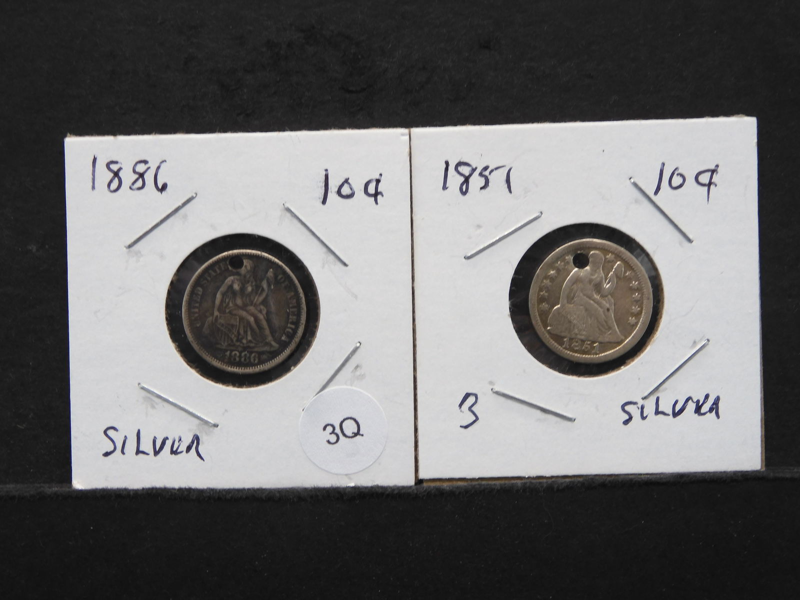 1851 & 1886 Holed Seated Liberty Dimes (1 of 5)