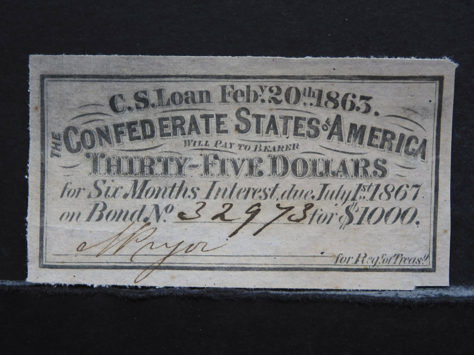 1863 Confederate States of America $35 Bond Coupon: 1863 Confederate States of America $35 Bond Coupon