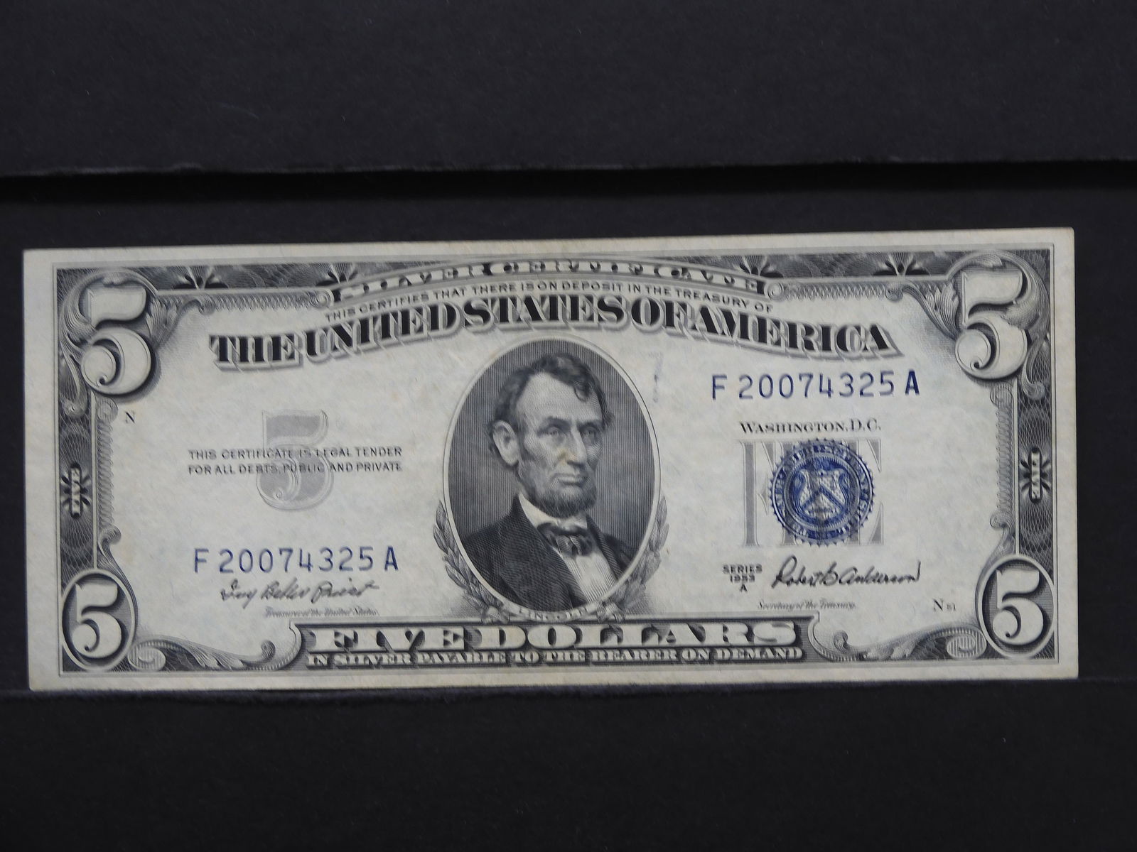 1953-A Blue Seal $5 Silver Certificate- Crisp! (1 of 3)
