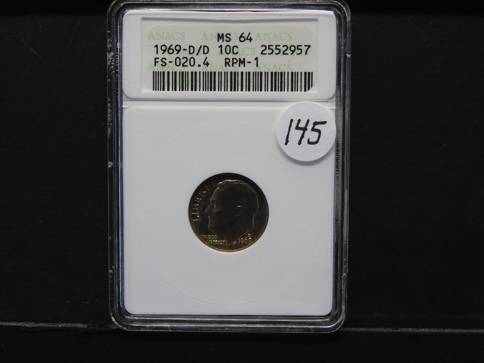 1969 D/D ANACS MS64 Roosevelt Dime (1 of 4)