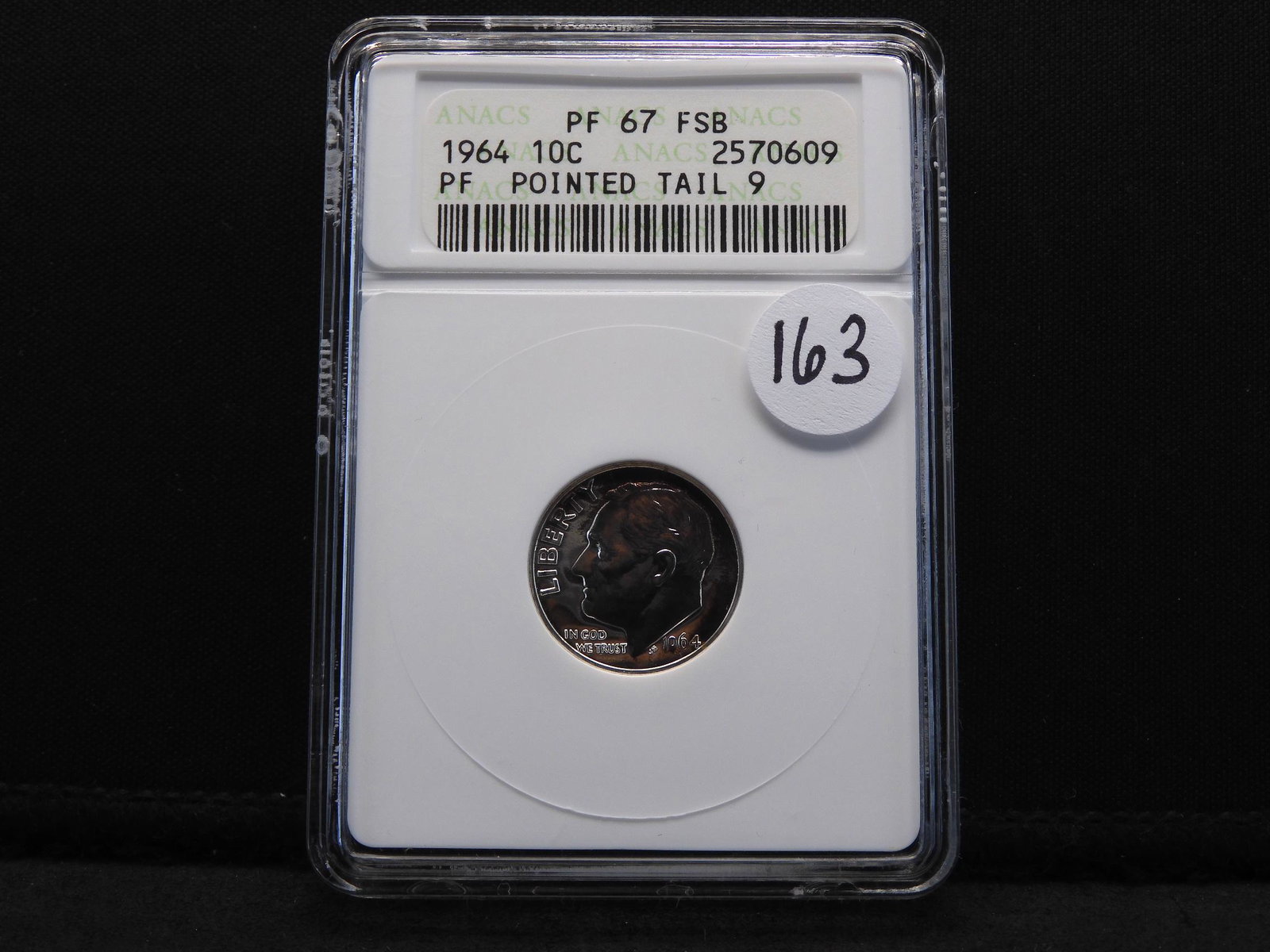 1964 ANACS PF67 FSB Pointed Tail Roosevelt Silver Dime: 1964 ANACS PF67 FSB Pointed Tail Roosevelt Silver Dime