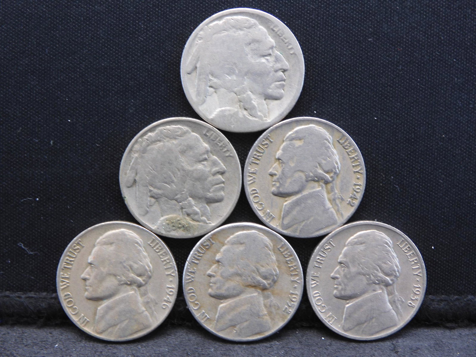 Two Buffalo Nickels One w/ Date & 1935, Four Jefferson (1 of 2)