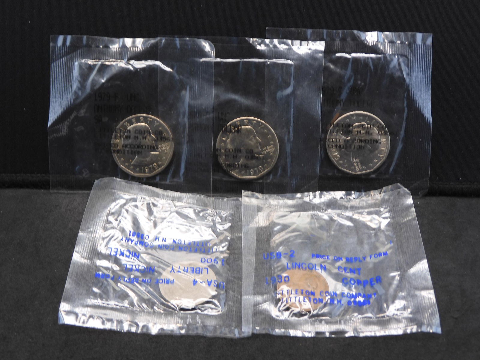 Three 1979 SBA Dollars , 1900 Liberty Head V Nickel, (1 of 5)