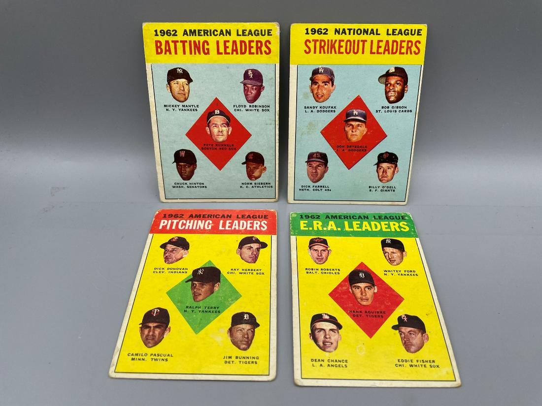 1963 Topps Lot of 4 League Leaders - Mickey Mantle,: 1963 Topps Lot of 4 League Leaders - Mickey Mantle, Sandy Koufax, Don Drysdale, Bob Gibson, Whitey Ford