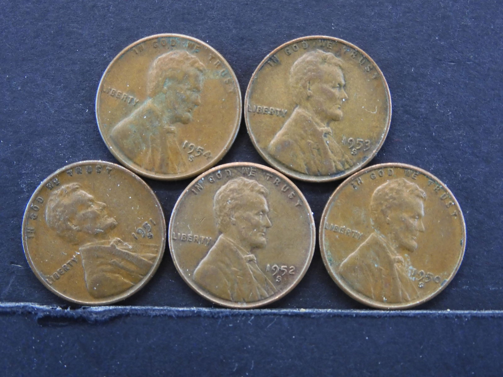 Five Lincoln Wheat Cents 1950-S, 51S, 52S, 53S, 54S, (1 of 3)