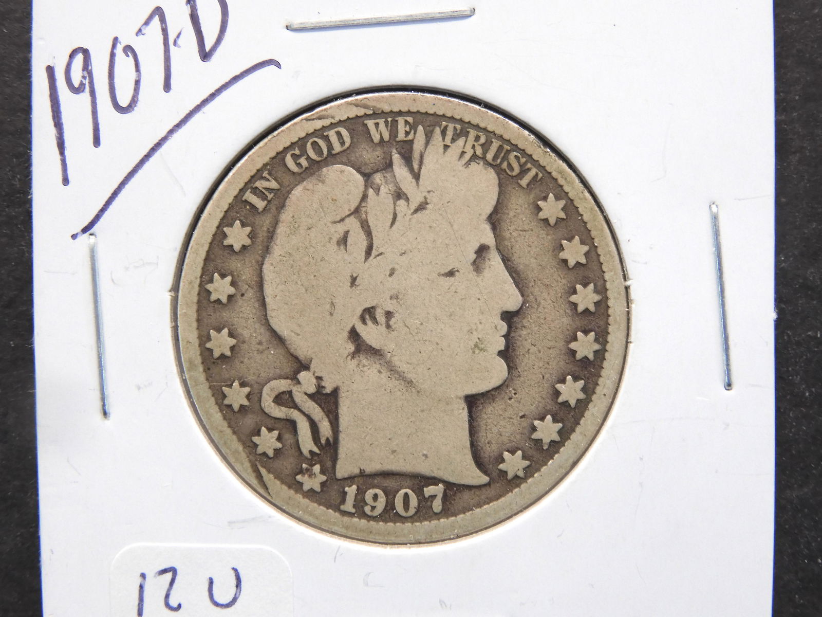 12U. 1907D Silver Barber Half Dollar with nice detail. (1 of 3)