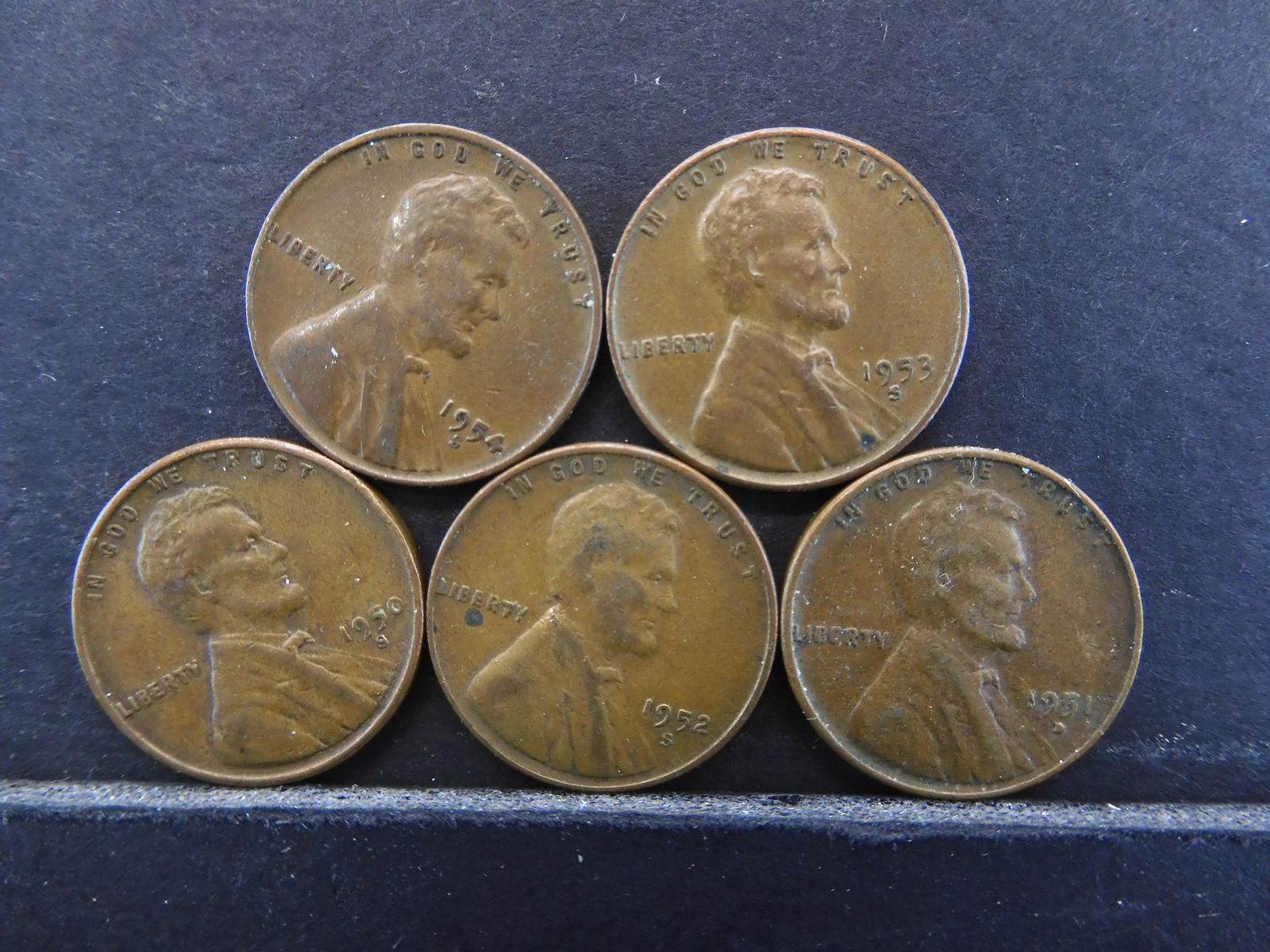 Five Lincoln Wheat Cents 1950-S, 51D, 52S, 53S, 54S, (1 of 3)