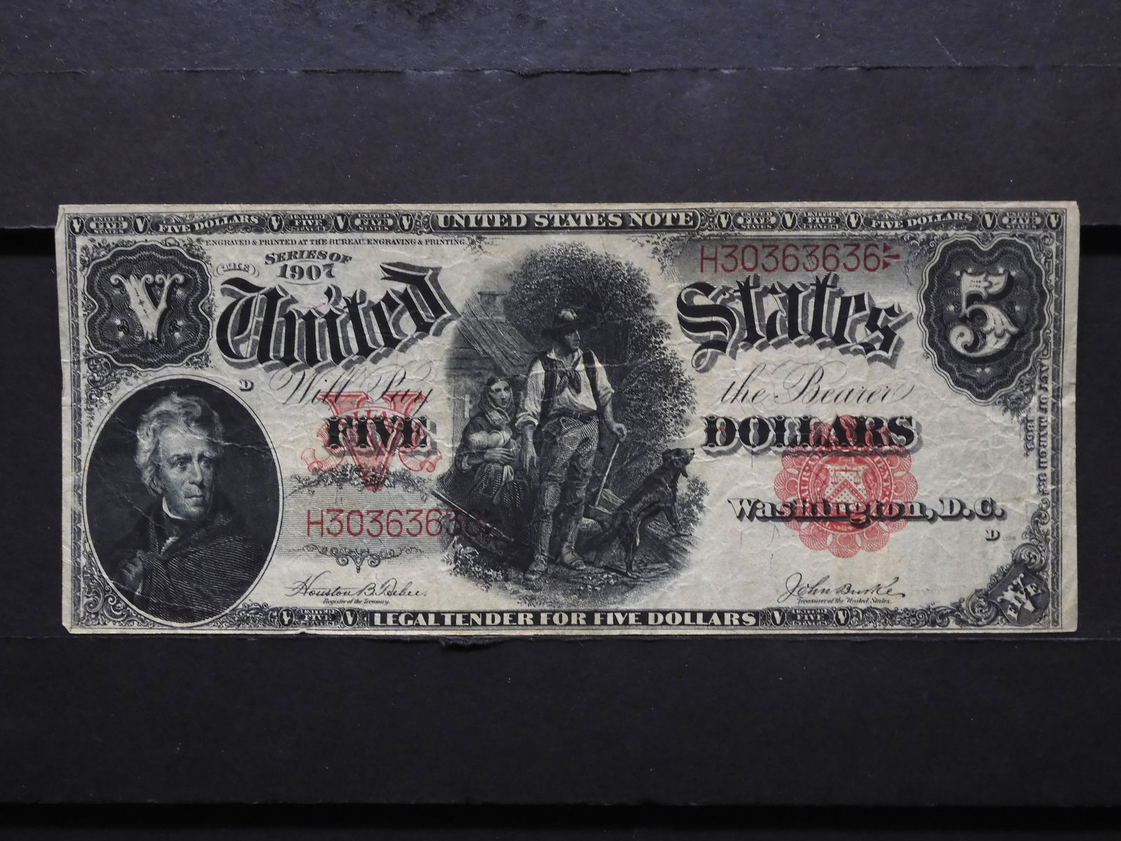 54.) Series OF 1907 5$ United States US Woodchopper (1 of 3)