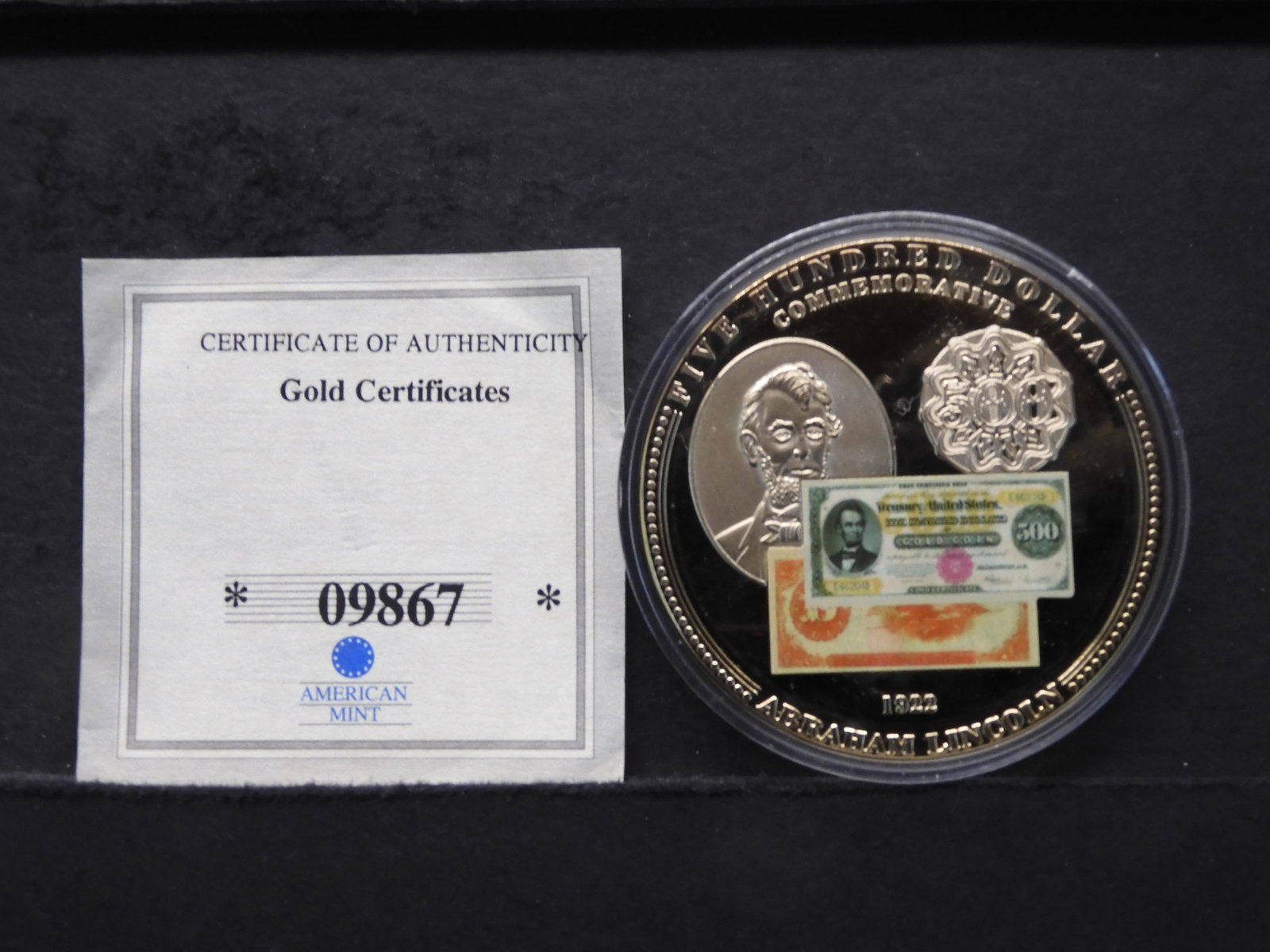24K PLATED 1922 REPLICA $500 LINCOLN BANK NOTE: 24K PLATED 1922 REPLICA $500 LINCOLN BANK NOTE