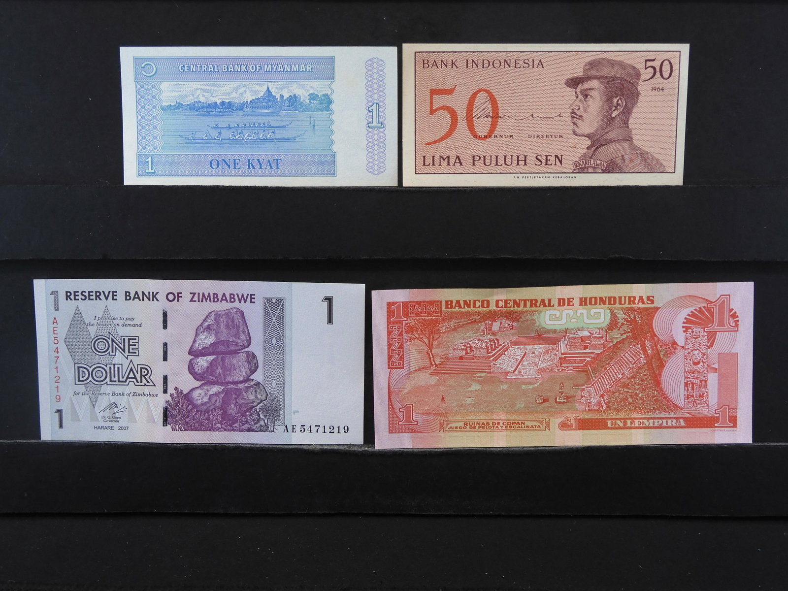 (4) BANK NOTES (MYANMAR/HONDURAS/ZIMBABWE/INDONESIA),: (4) BANK NOTES (MYANMAR/HONDURAS/ZIMBABWE/INDONESIA), CRISP!