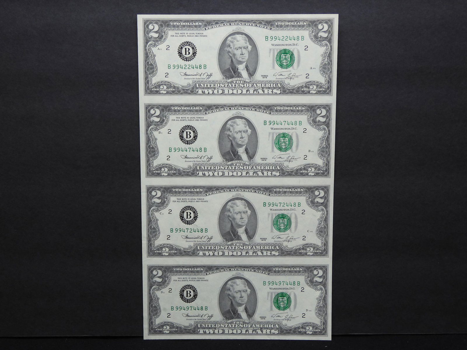 Sheet of 4  1976 Two Dollar Notes, Fed Bank of New York (1 of 5)