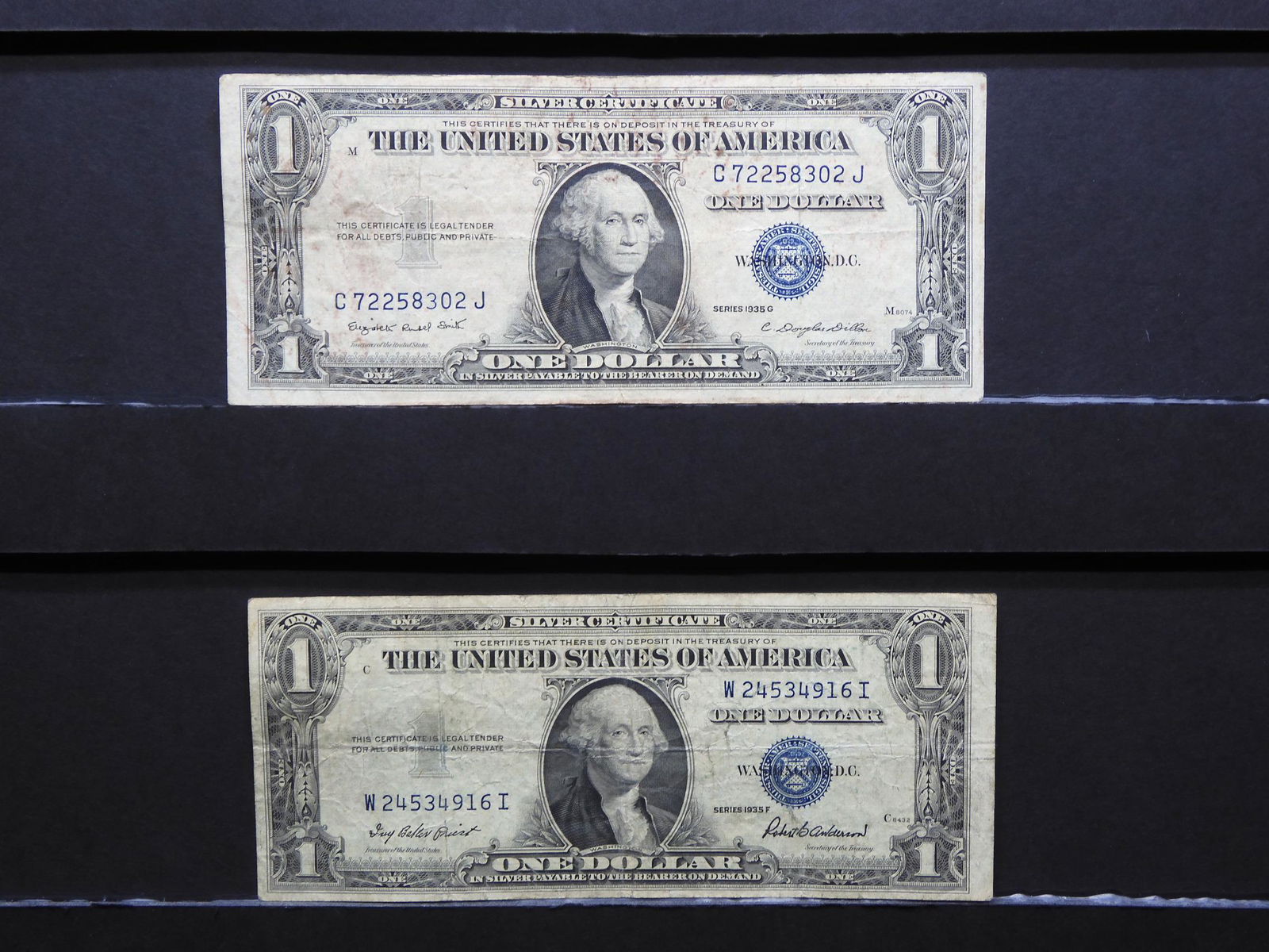 1935-F 1935-G $1 Blue Seal Silver Certificates. Serial (1 of 6)