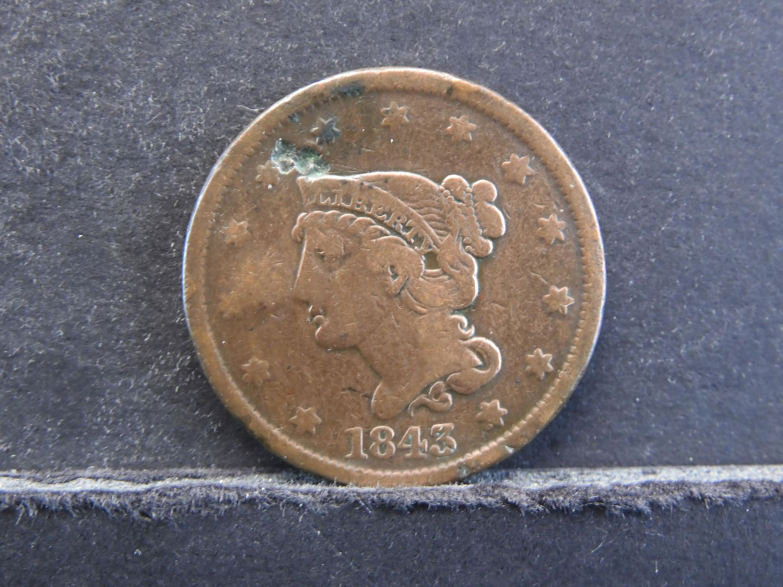 1843 Coronet Large Cent  - Error - Die Gouge + (1 of 2)