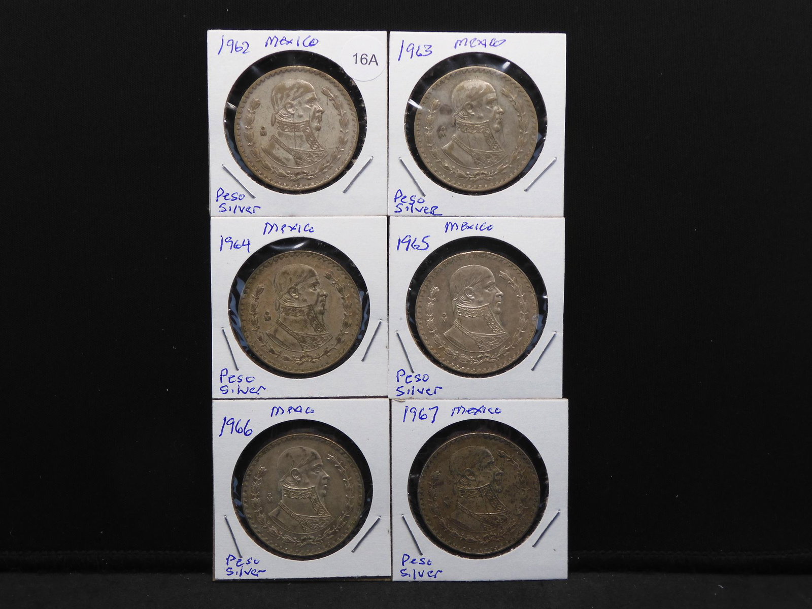 (6) Mexico .10 silver Pesos:  1962, 63, 64, 65, 66, and (1 of 7)