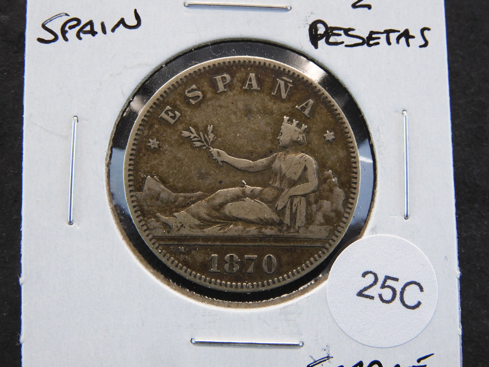 1870 Spain Silver 2 Pesetas.  Scarce. (1 of 3)