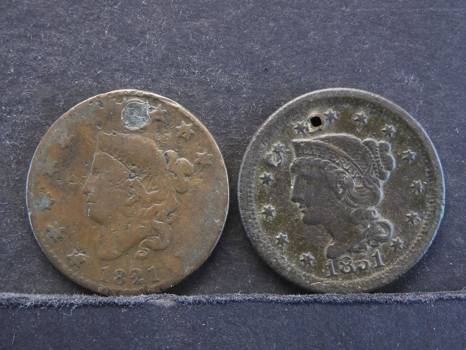 1821 & 1851 Large Cents Both Have Holes, Nice Details (1 of 2)