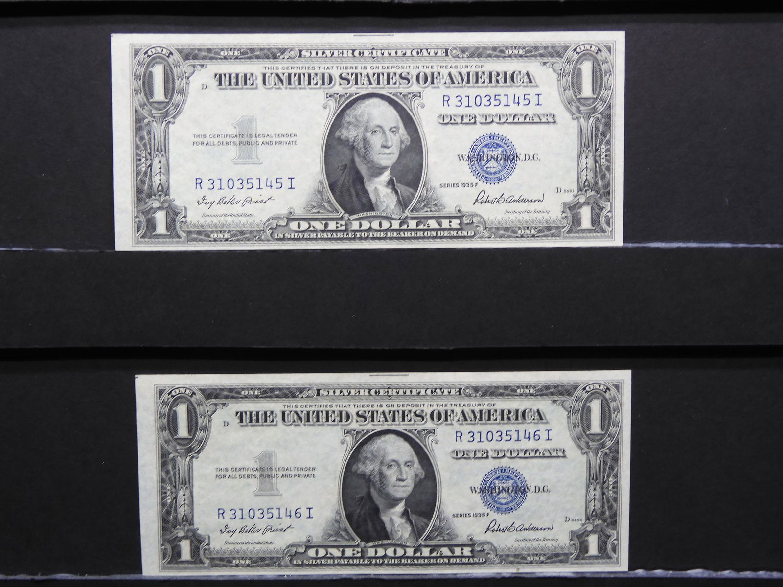 (2) 1935 F $1 Silver Certificates.  Consecutive Serial (1 of 6)