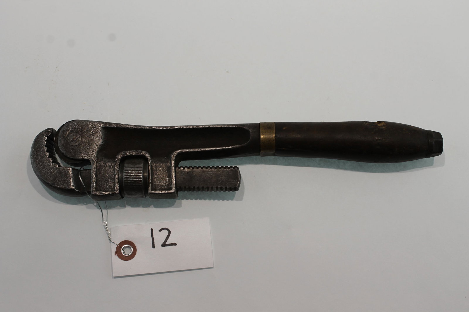 Bostwick Roller Jaw Pipe Wr. with wood handle, Pat.: Bostwick Roller Jaw Pipe Wr. with wood handle, Pat. Feb. 6, 1883 Seymour A. Bostwick, Chelsea MA--11 1/2"