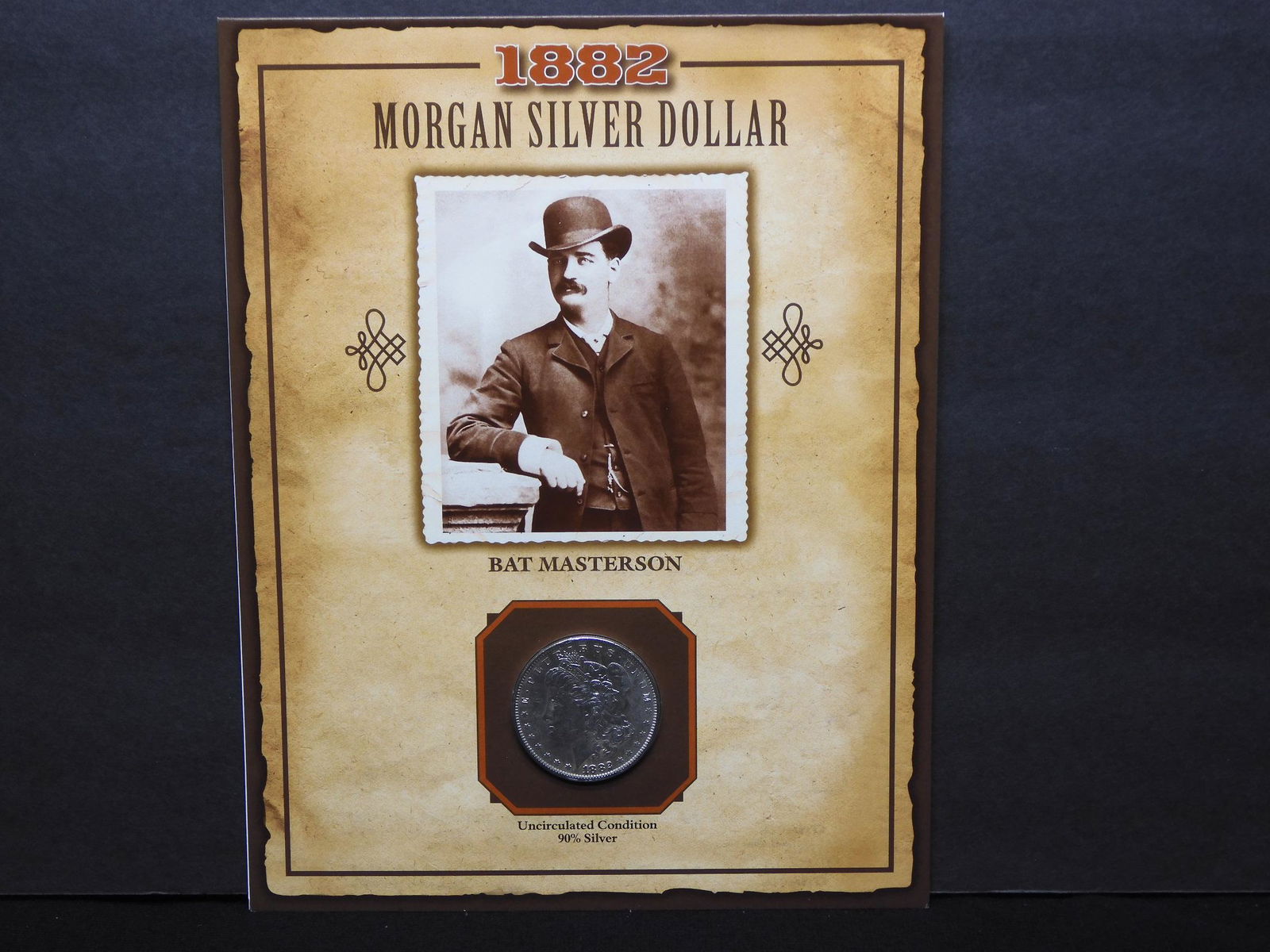 1882-O Morgan Silver Dollar w/ Bat Masterson Stamp. (1 of 5)