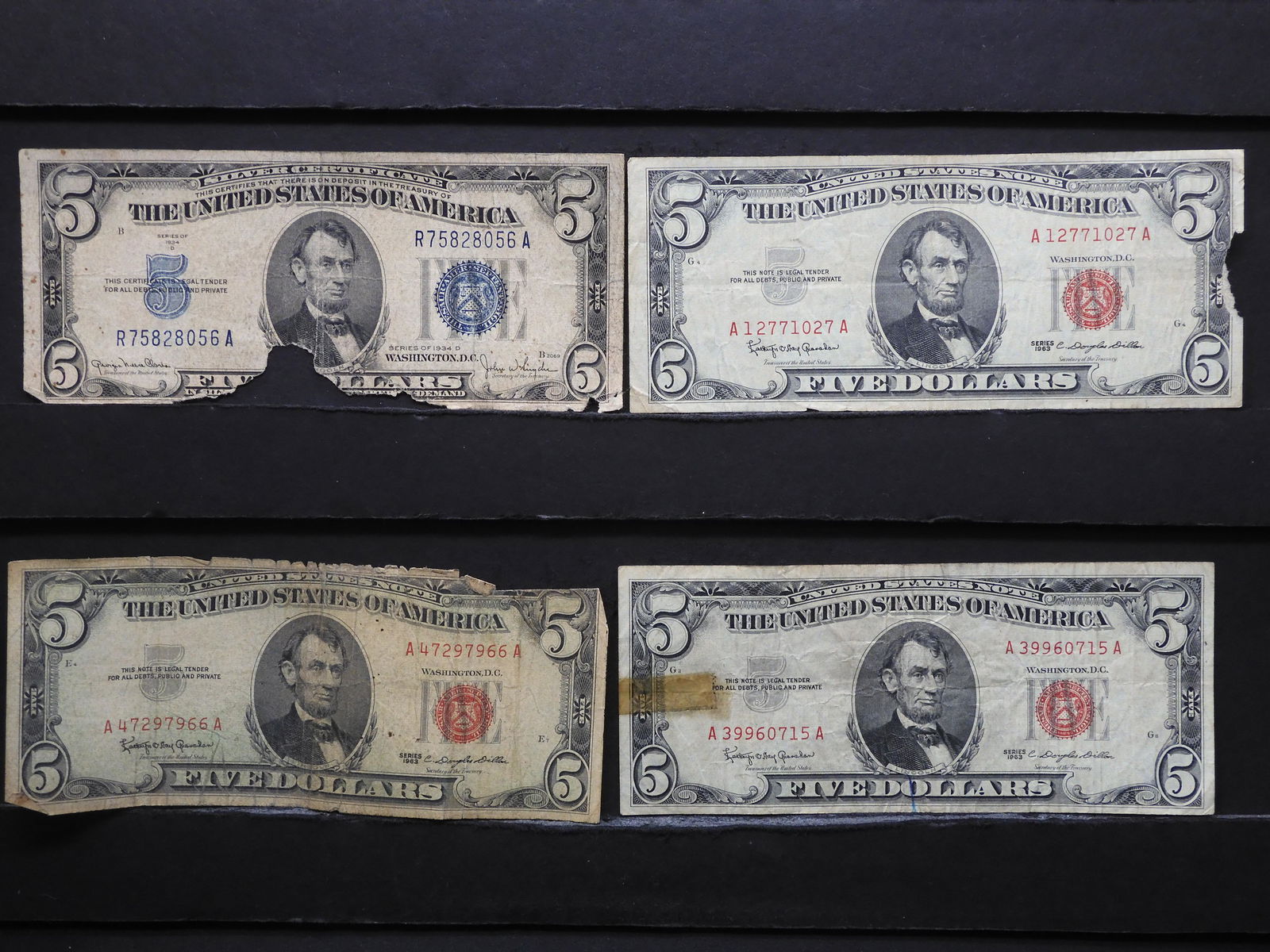 (3) 1963 Red Seal $5 U.S. Notes & (1) 1934-D $5 Silver (1 of 7)