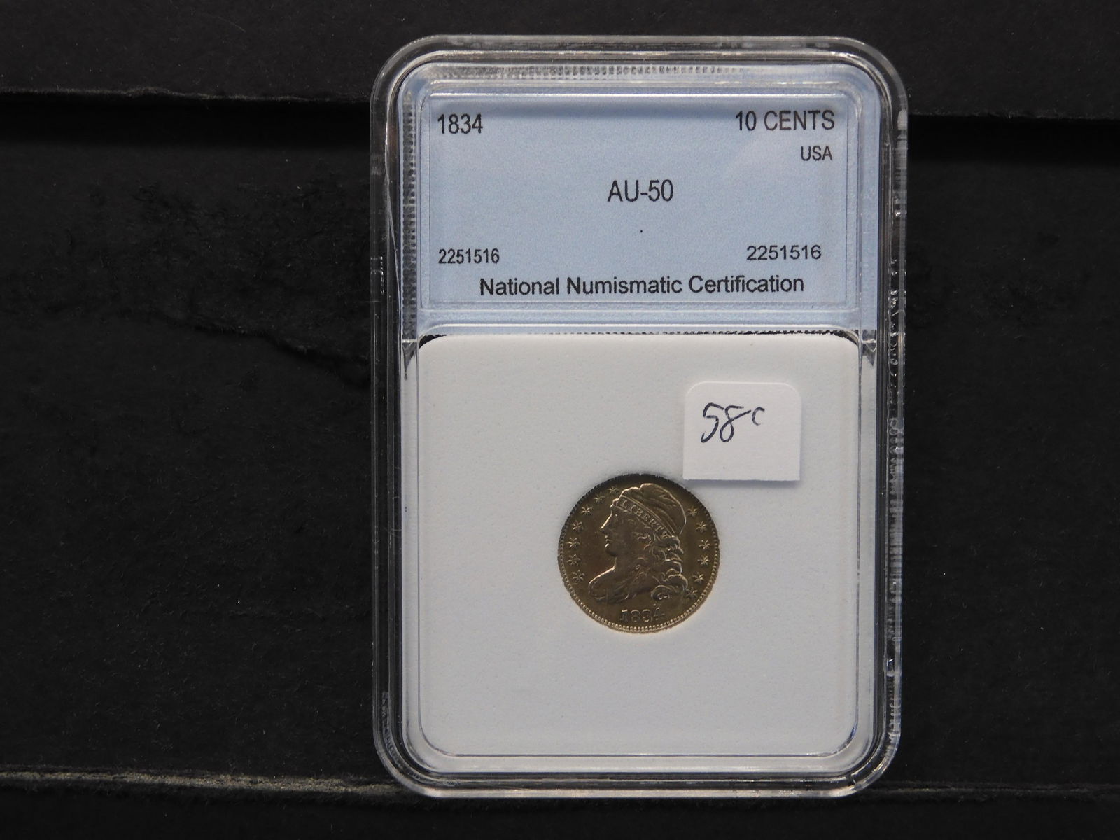 1834 CAPPED BUST 10C (AU-50), NNC, 187 YRS OLD! (1 of 4)