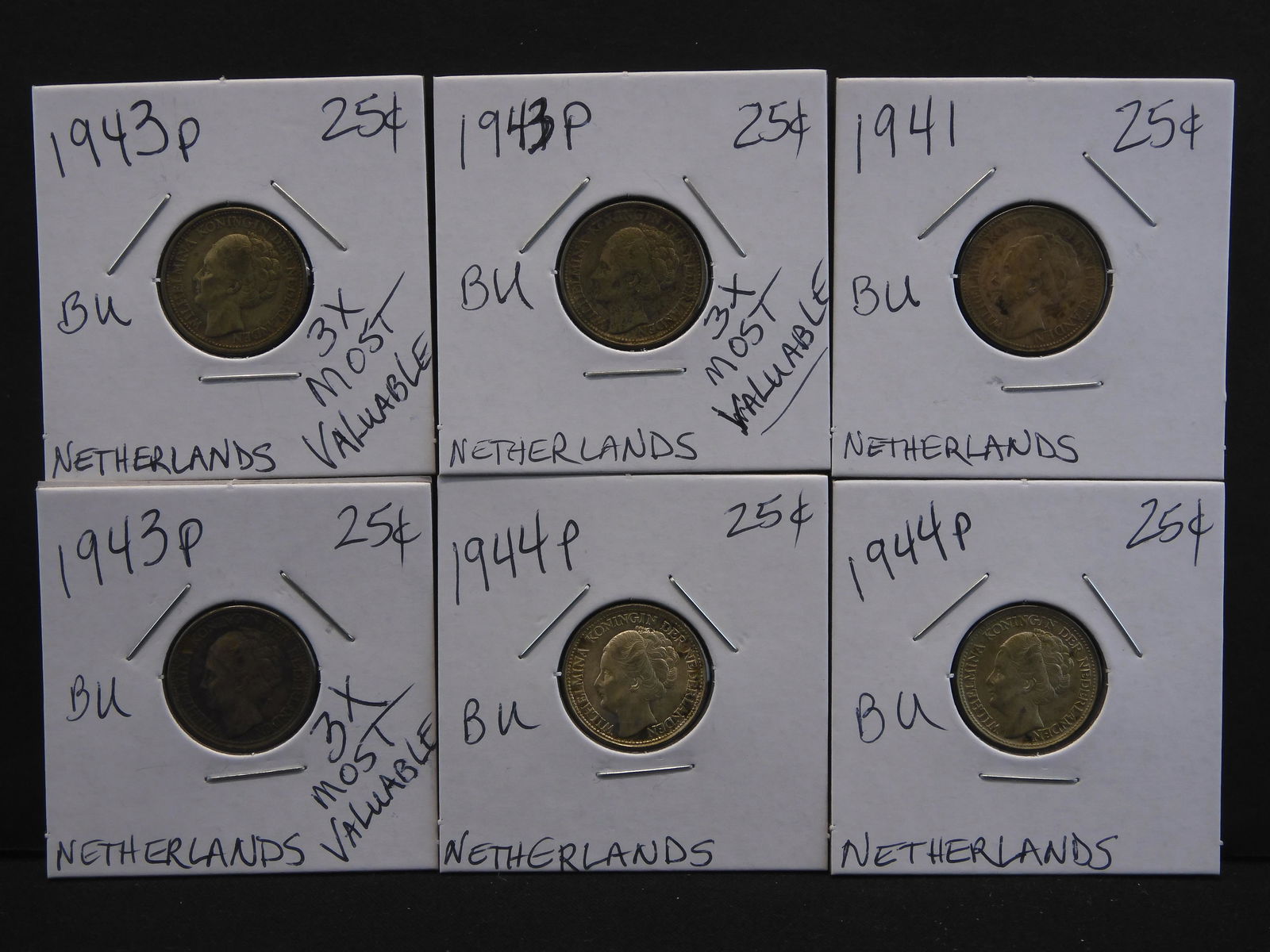 1941 - 1944 Netherlands 25 cent coins - SET OF SIX (1 of 6)