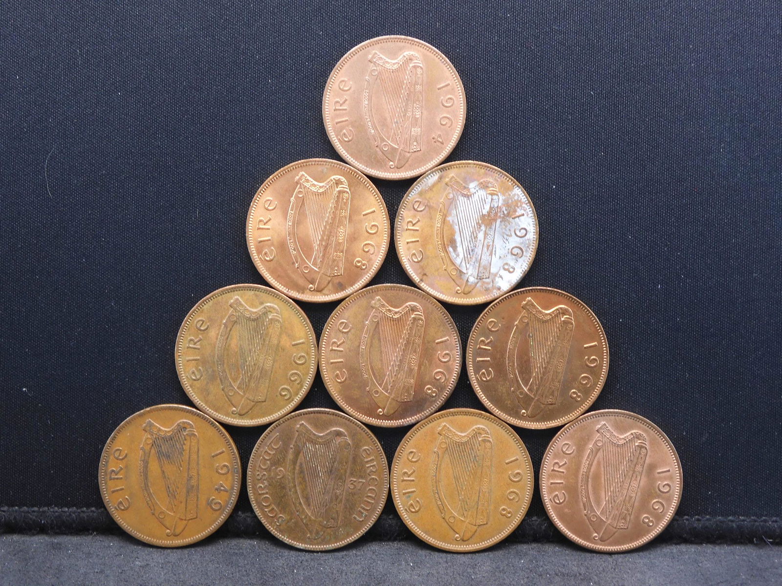 10 Ireland Penny Coins.  OBV: Harp.  REV: Hen With (1 of 2)