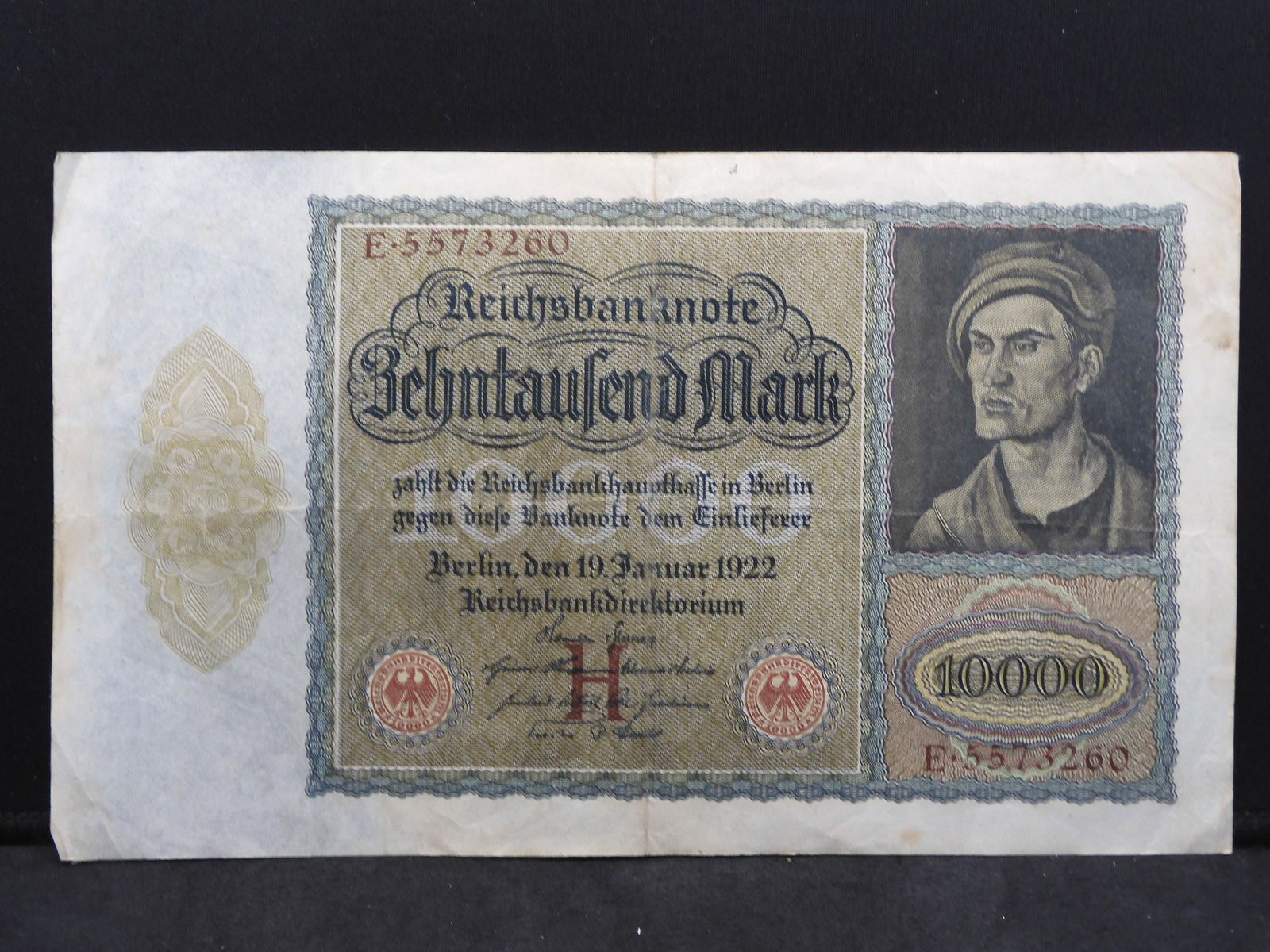 1922 Germany Weimar Republik 10,000 Mark Reichbanknote, (1 of 3)