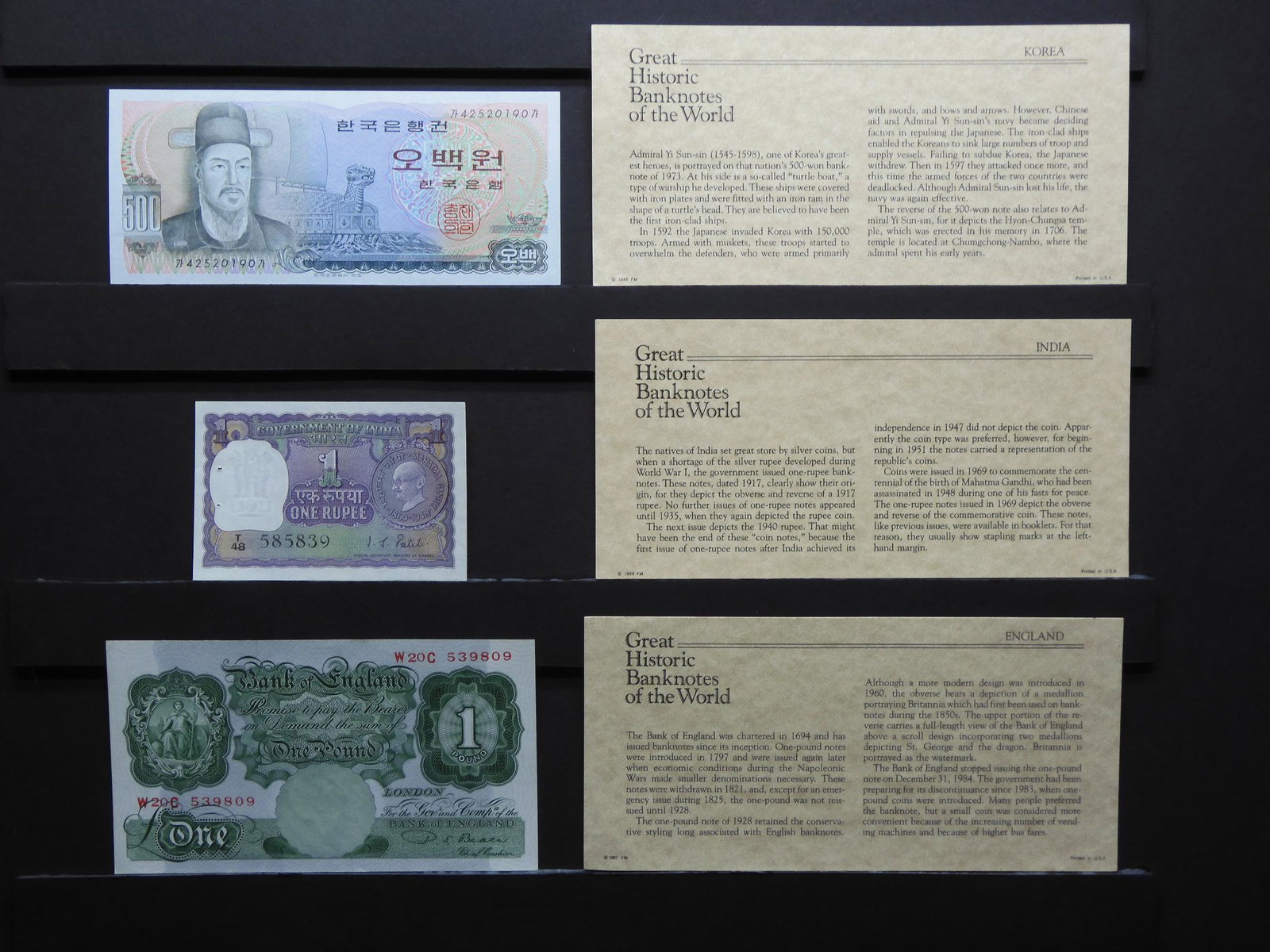 (3) Great Historic World Bank Notes:  Korea, Indian, (1 of 10)