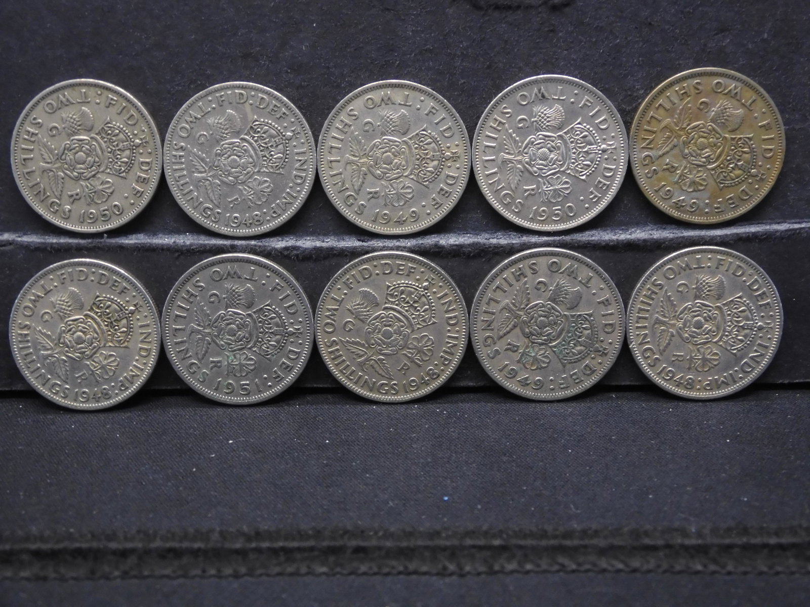 Ten Great Britain 2 Shilling Coins. George VI: Ten Great Britain 2 Shilling Coins. George VI Portrait.