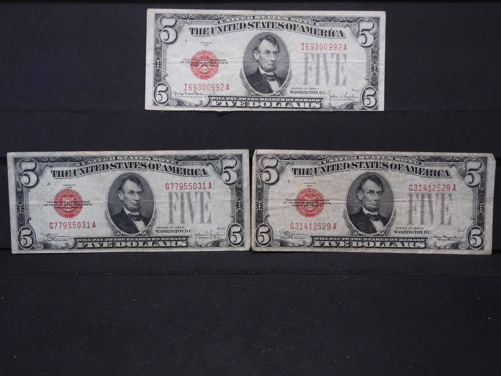 (3) 1928 $5 Red Seal US Notes.  1928-C, 28-E, and 28 F. (1 of 5)