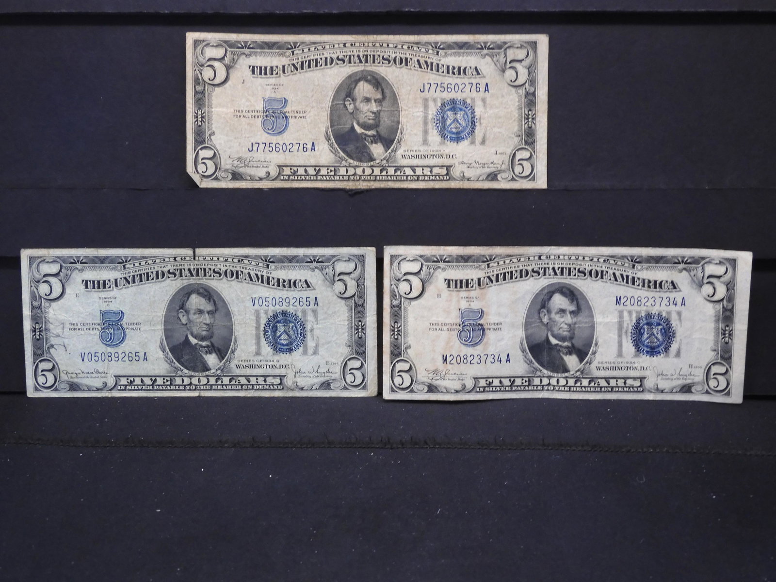 (3) 1934 $5 Silver Certificates. 1934 A, C, and D.: (3) 1934 $5 Silver Certificates. 1934 A, C, and D. Circulated