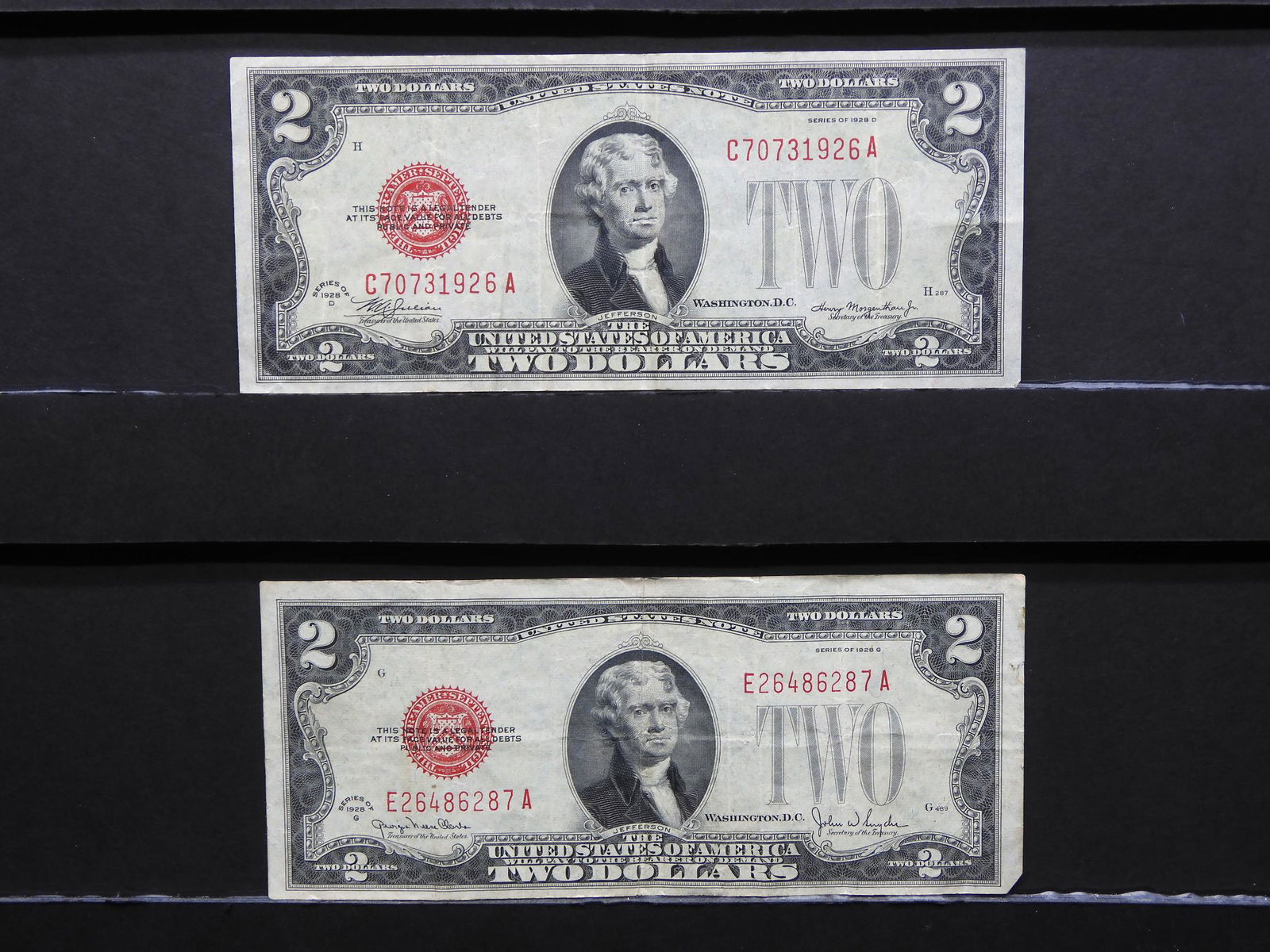 (2) 1928 $2 US Note Red Seals:  1928-D and 1928G.  Both (1 of 6)