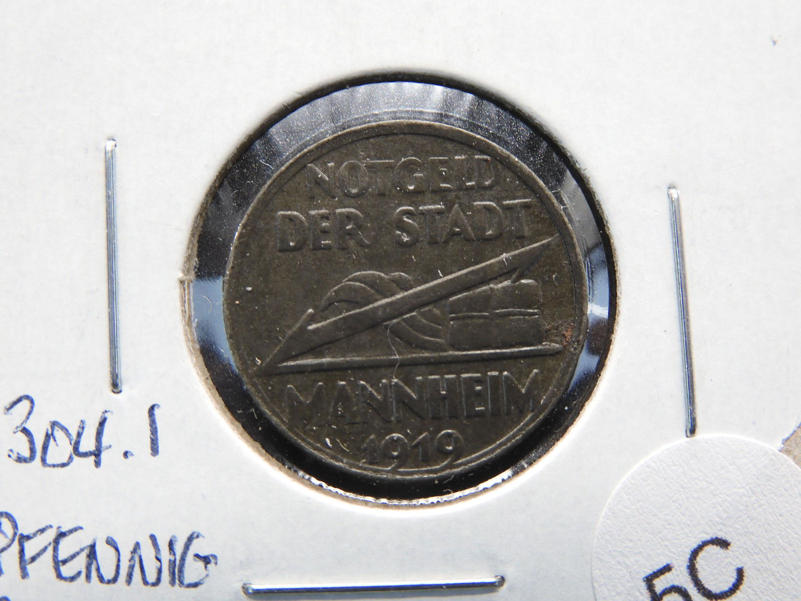 1919 Germany, Mannheim 5 Pfennig Iron Notgeld. (1 of 3)