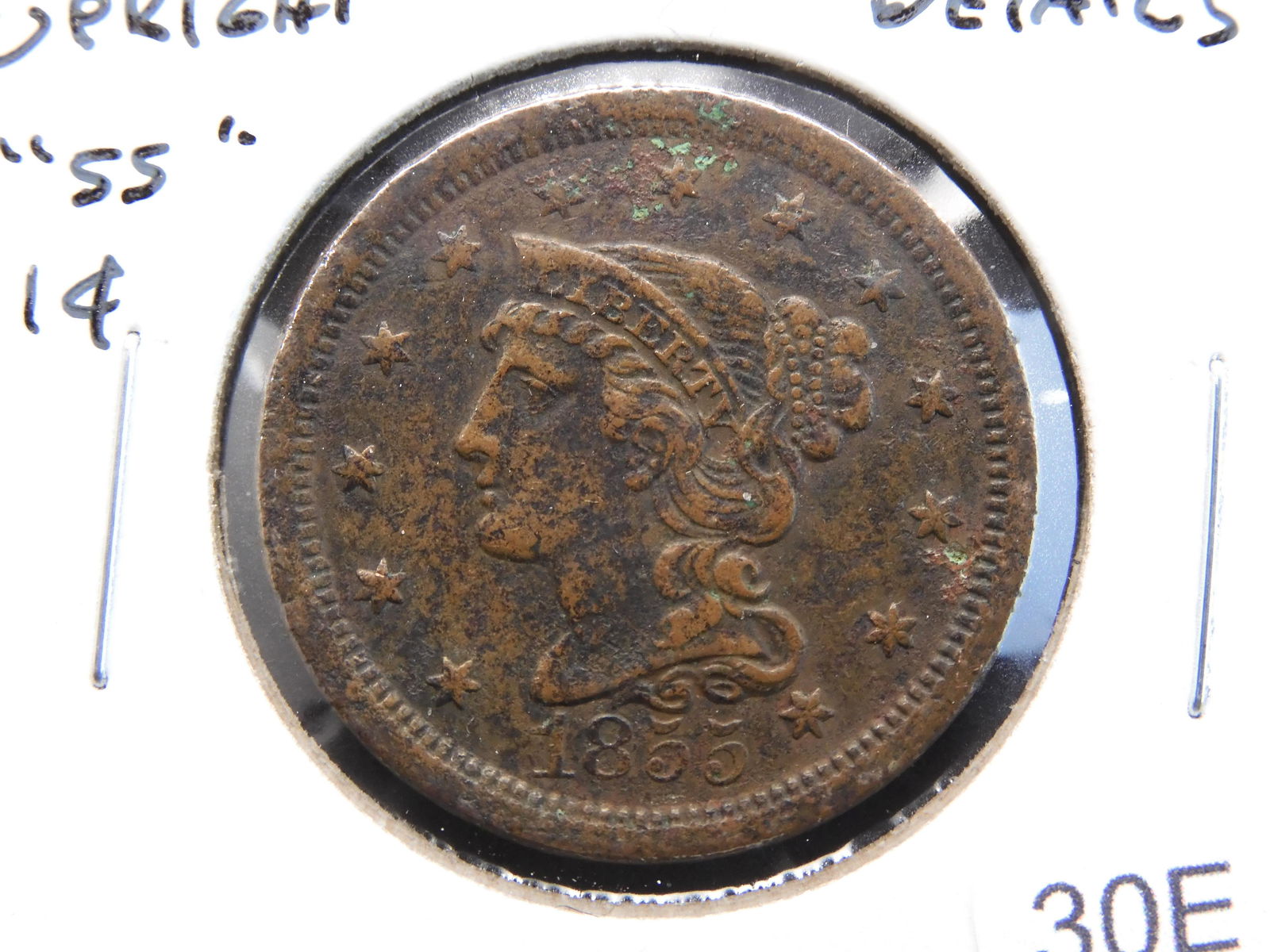 1855 Upright "55" Large 1c.  XF Details. (1 of 3)