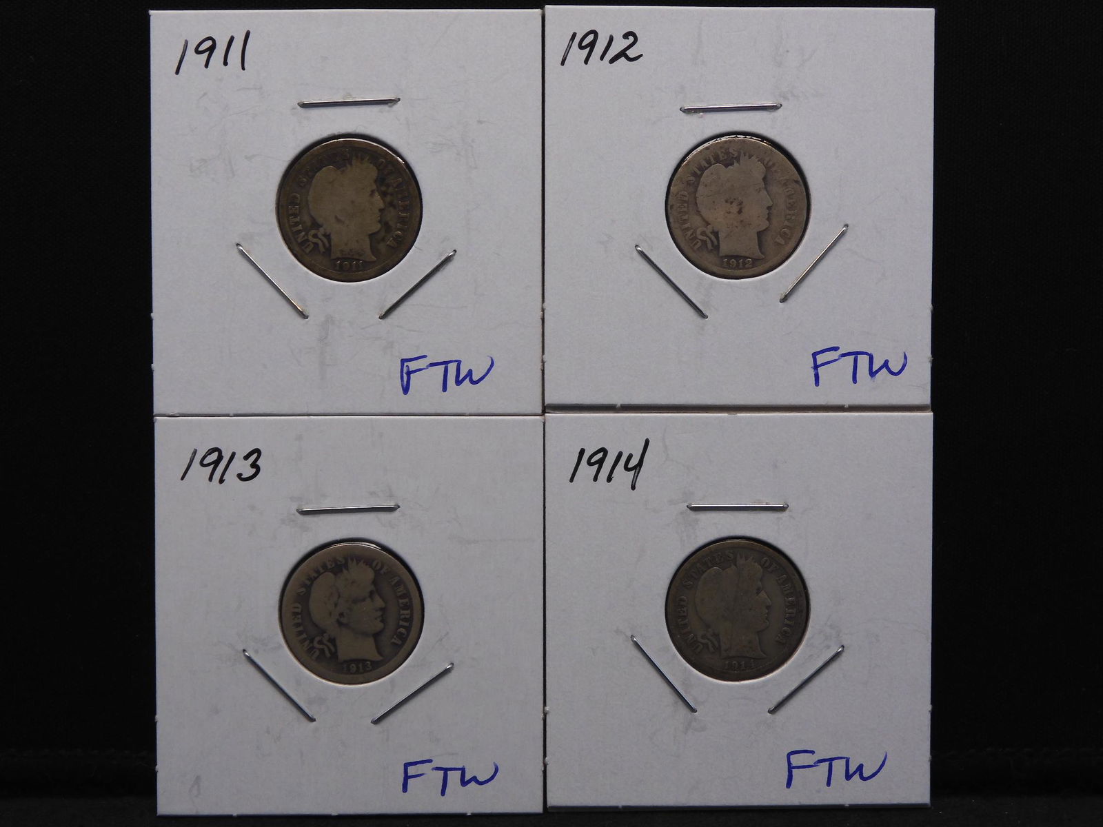 4 Barber Silver Dimes - 1911 to 1914 (1 of 5)