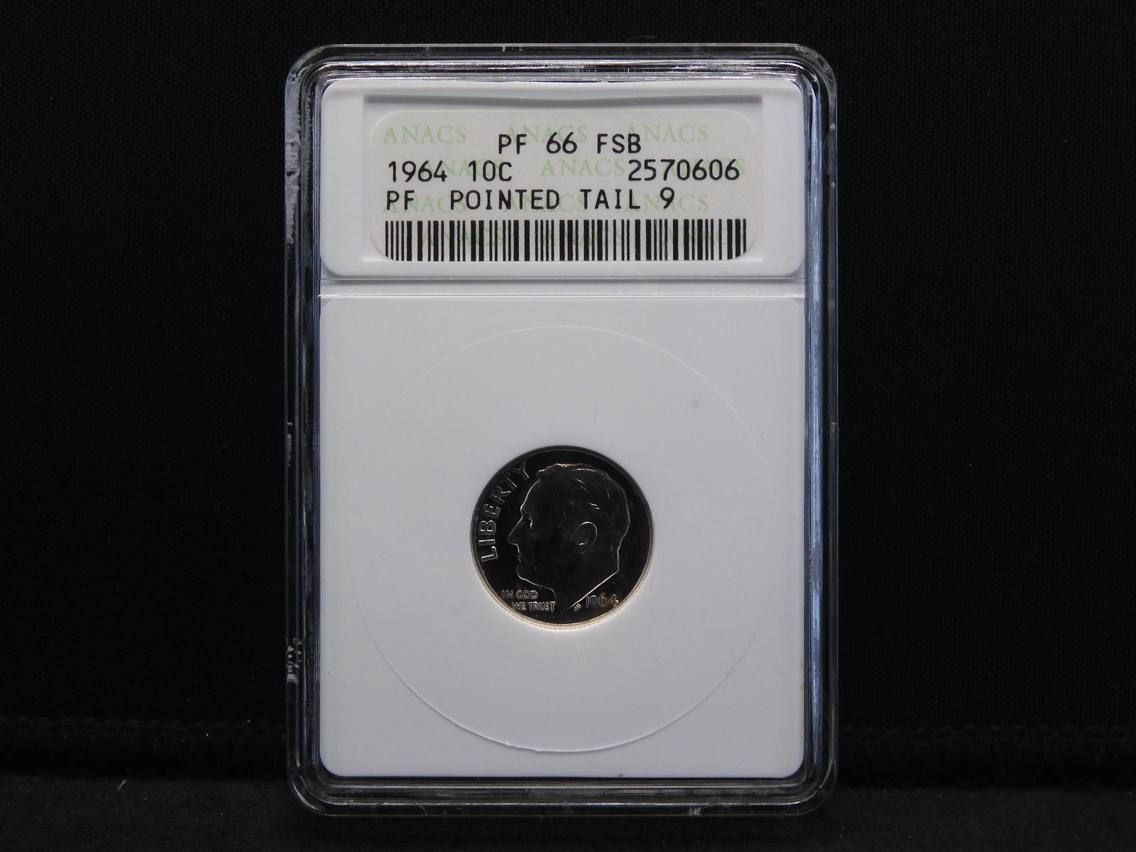1964 ANACS PF66 FSB Pointed Tail Roosevelt Silver Dime: 1964 ANACS PF66 FSB Pointed Tail Roosevelt Silver Dime