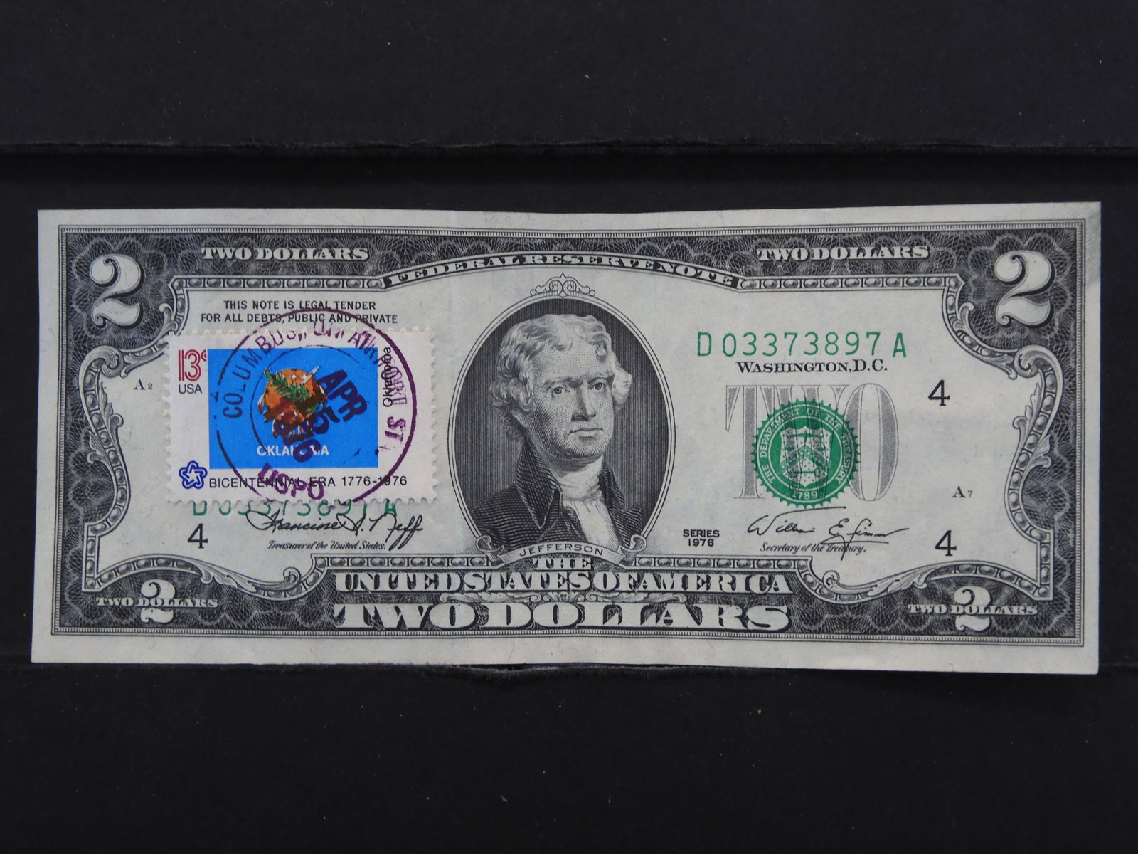 1976 $2 Note and Oklahoma Bicentennial Stamp: 1976 $2 Note and Oklahoma Bicentennial Stamp