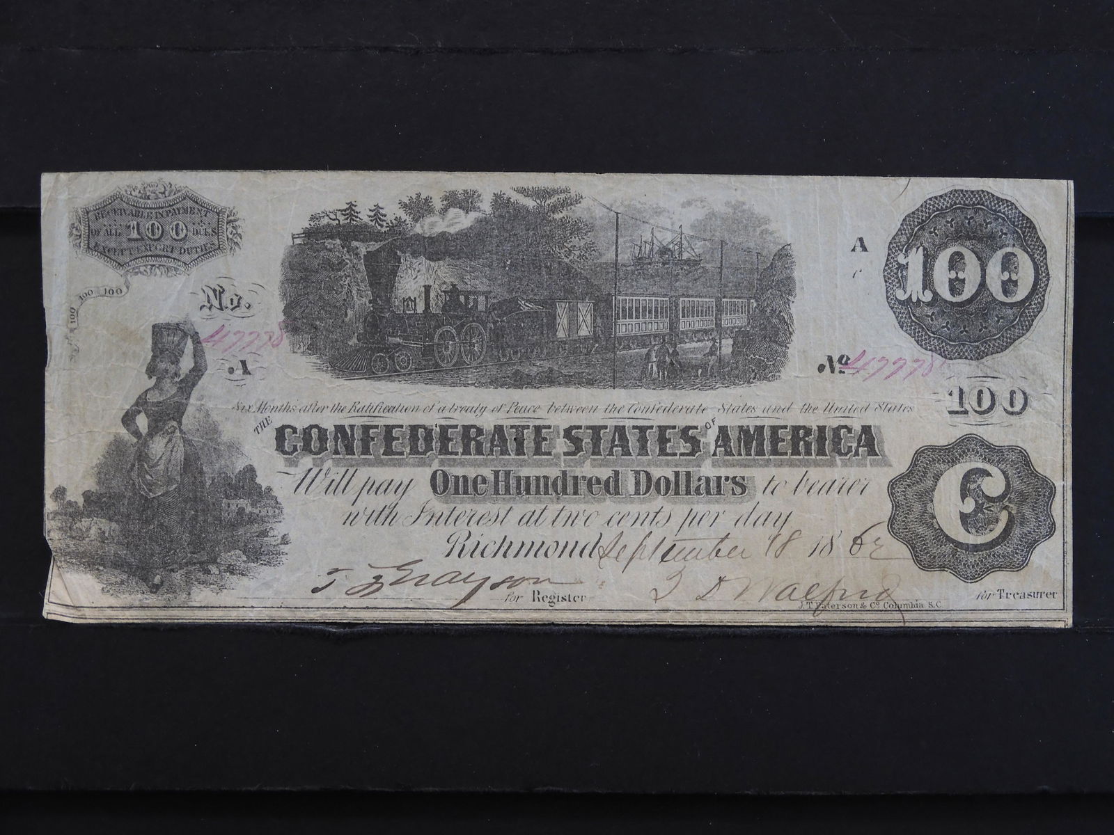 1862 Confederate States of America $100 T-29 Note (1 of 4)