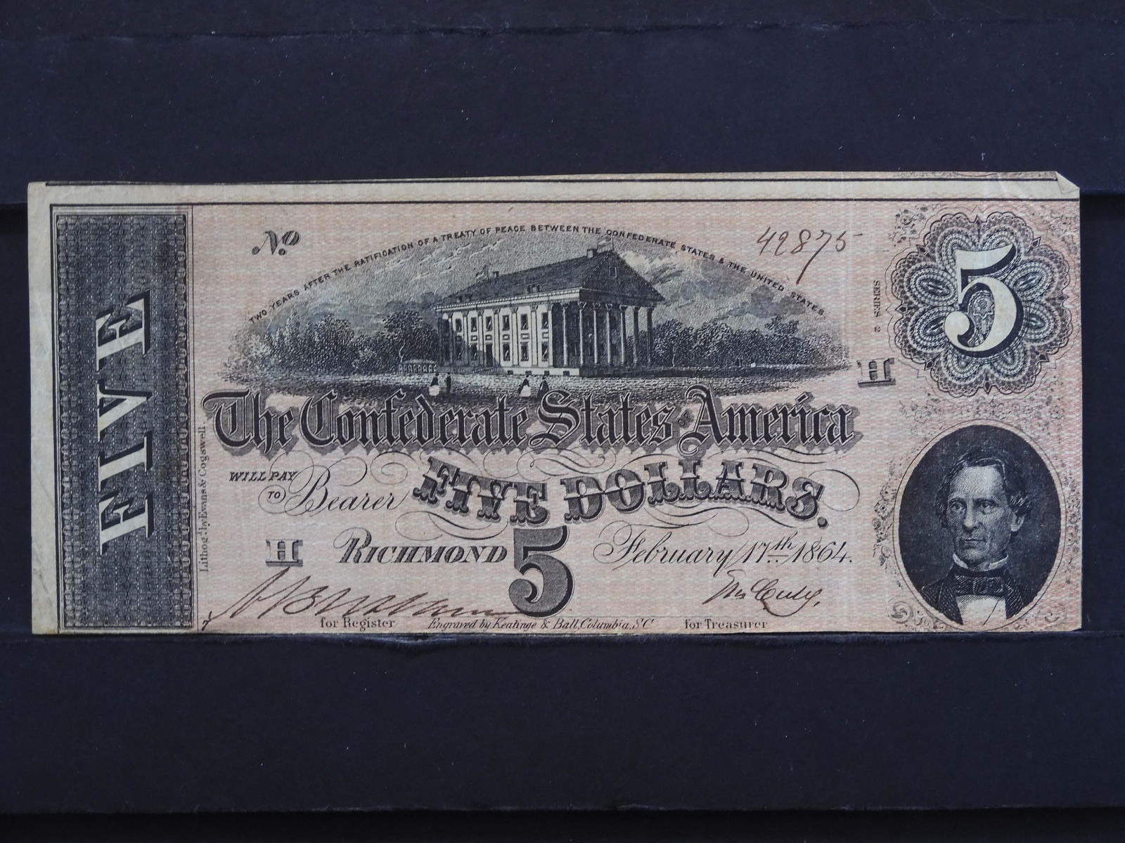 1864 The Confederate States of America T-69 $5 Note (1 of 1)