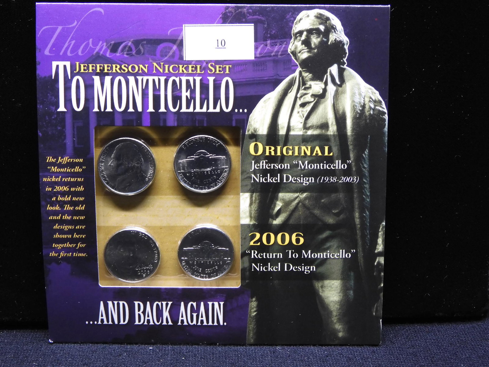 4 Coin Jefferson Nickel Set - To Monticello and Back: 4 Coin Jefferson Nickel Set - To Monticello and Back Again w/ Historic Fact Holder