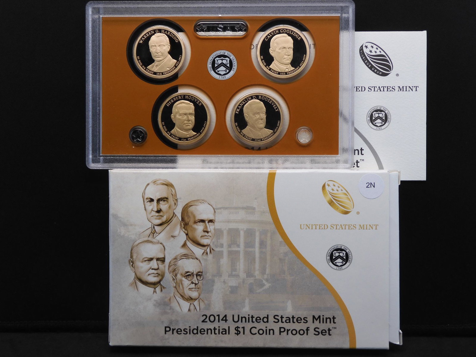 2014 US Presidential 4-Coin Proof Set With Original: 2014 US Presidential 4-Coin Proof Set With Original Gov't Packaging & COA. Harding Coolidge Hoover Roosevelt.