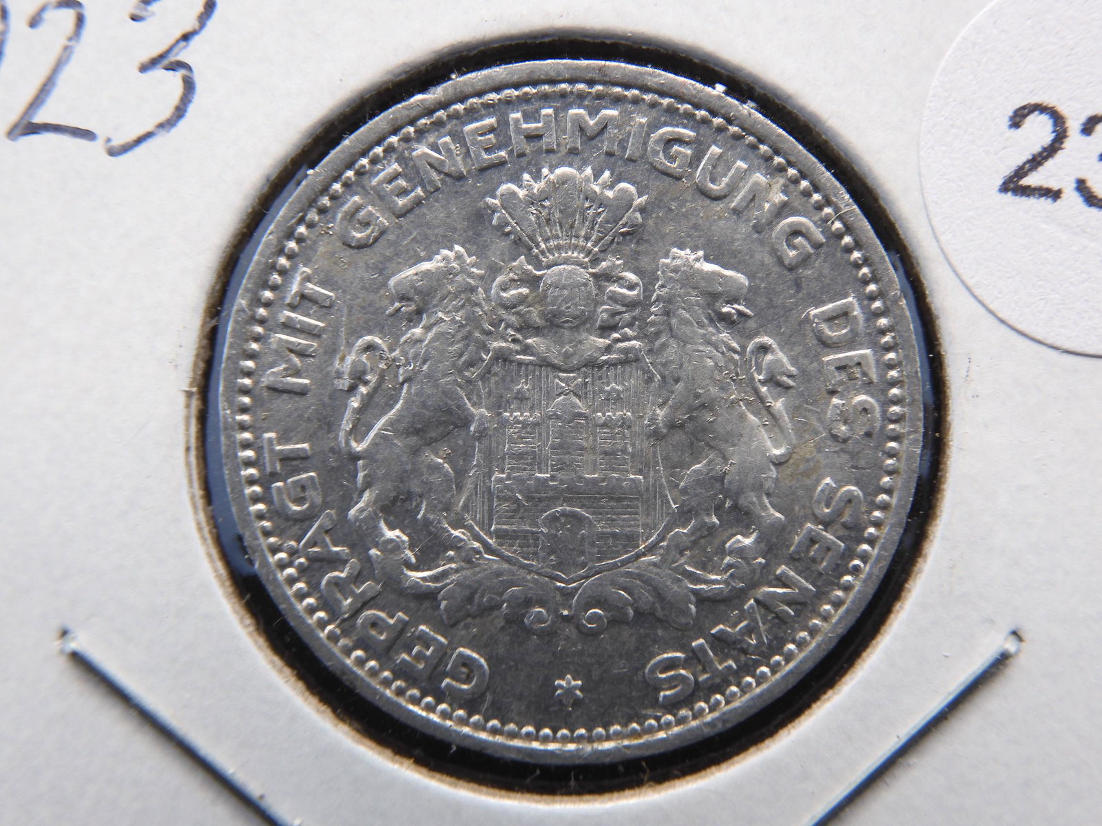 Germany-Hamburg 1923 5/100 Marks. Inflation Coin.: Germany-Hamburg 1923 5/100 Marks. Inflation Coin. Nifty Lions. AU.