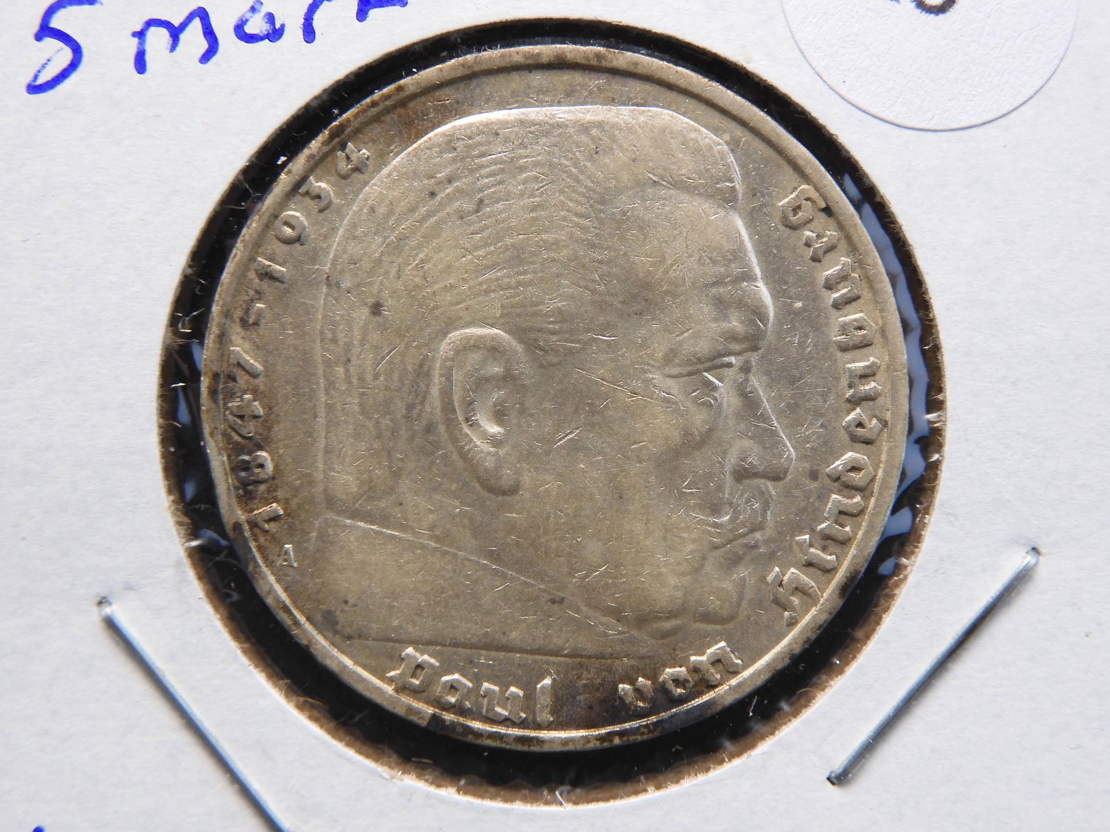 1936-A Germany silver 5 Mark-Hindenburg.  AU. (1 of 3)