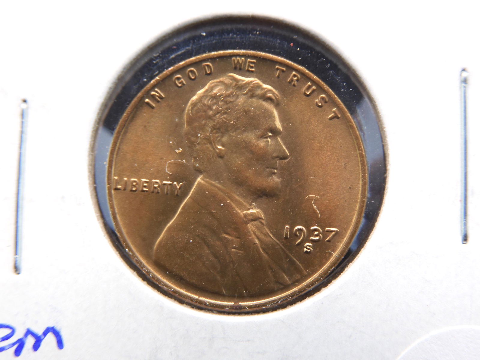 1937-S Lincoln Cent.  GEM Red BU.  Very Hard to Fine. (1 of 3)