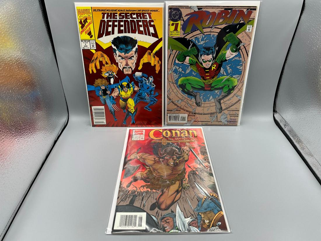 Lot of 3 Foil Cover #1 Comics - Secret Defenders,: Lot of 3 Foil Cover #1 Comics - Secret Defenders, Robin, Conan the Adventurer