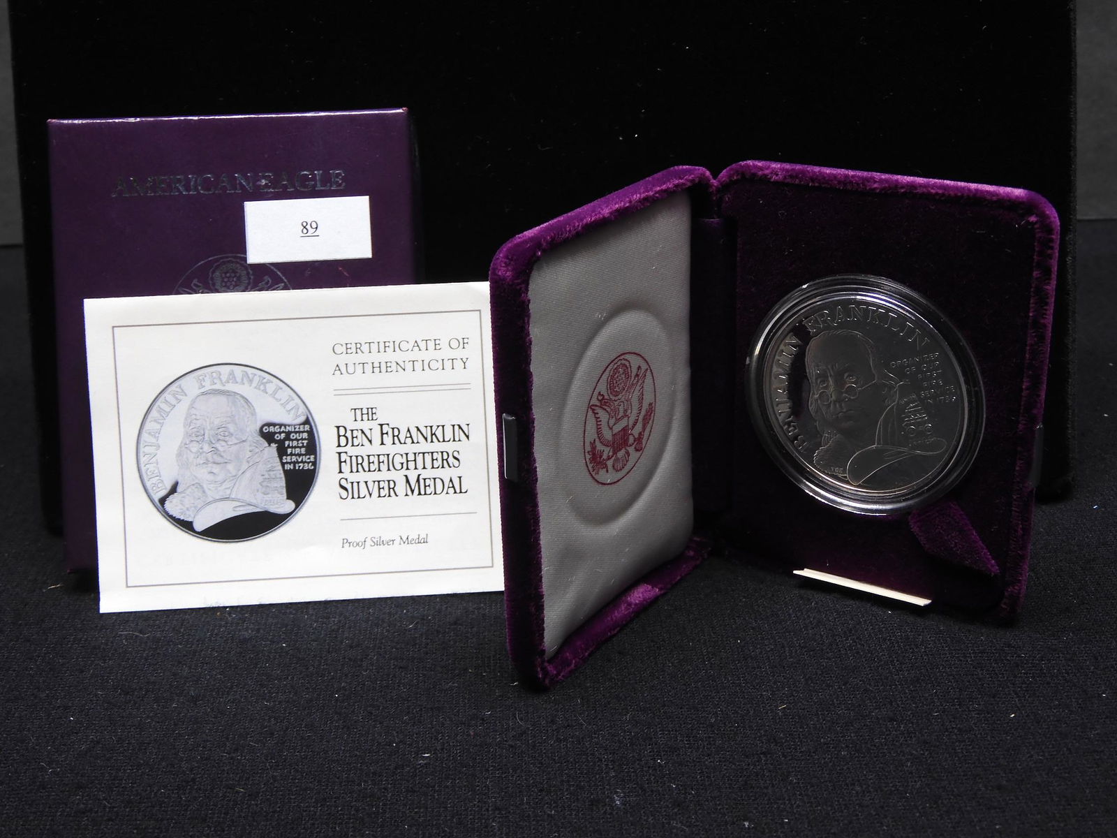 Ben Franklin Firefighters Silver Proof Medal w/ COA - (1 of 4)