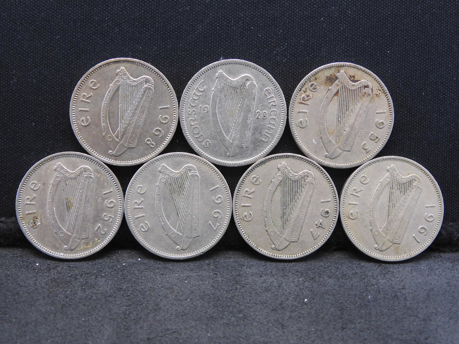 Seven Ireland 6 Pence Coins. OBV: Harp. REV: Irish: Seven Ireland 6 Pence Coins. OBV: Harp. REV: Irish Wolf-Hound.